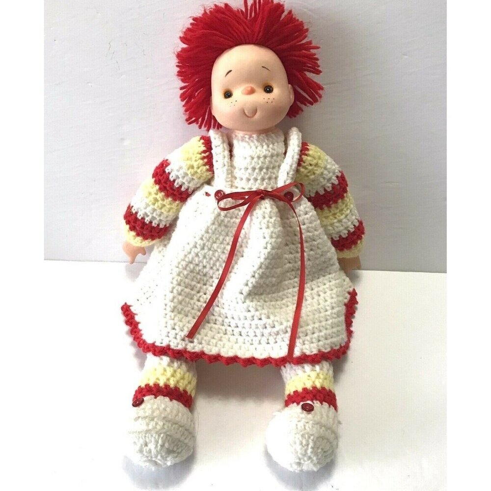 Handmade Vintage Crochet Plush Doll White Red Yellow Freckles collectible Dress